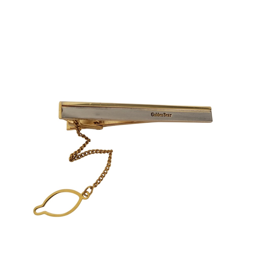 Golden Bear Mens Vintage Two Tone Gold Silver Tie Clip with Security Chain 2"